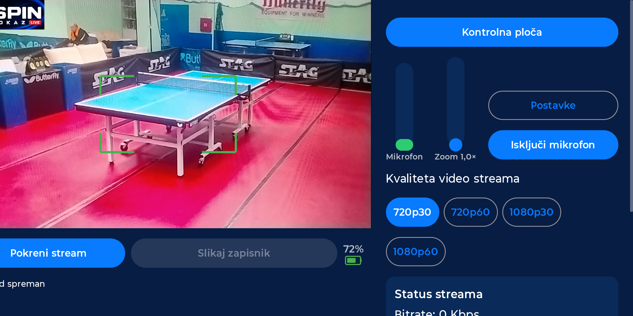 SPIN aplikacija: pregled kamere s gumbom Slikaj zapisnik
