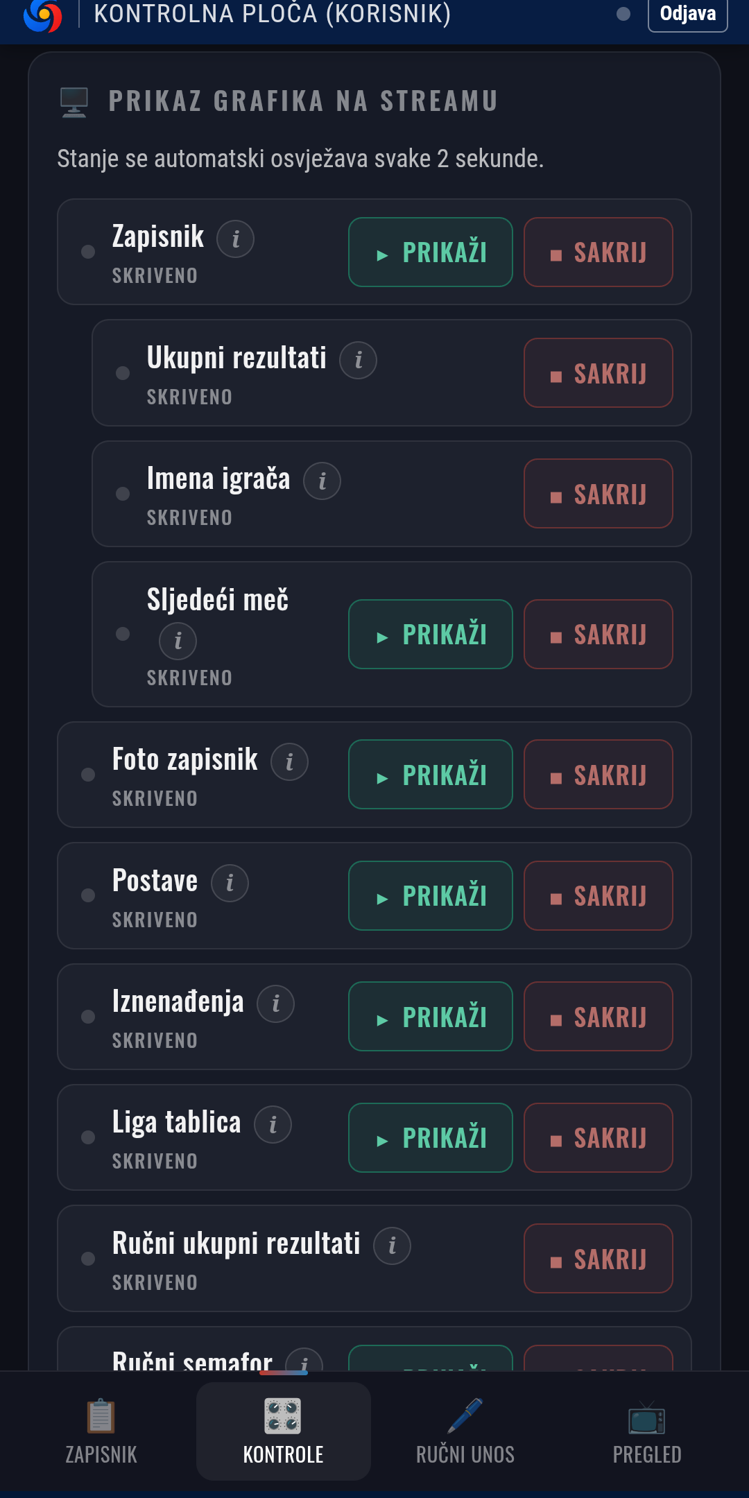 Ugrađena kontrolna ploča u SPIN aplikaciji